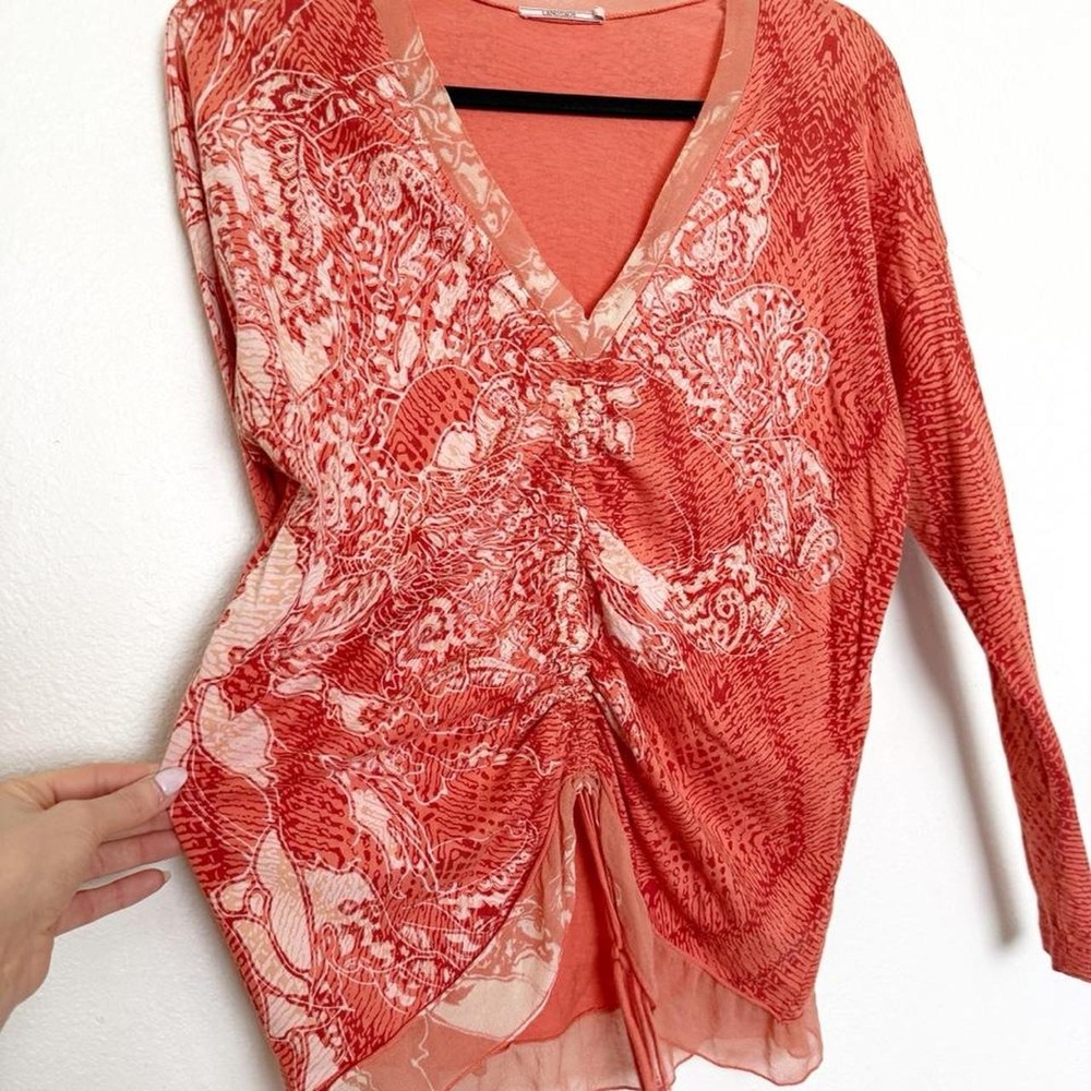 Vintage Language Coral Abstract Print Ruched Sheer Layered V-Neck Top Sz S